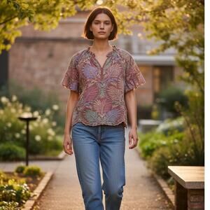 Democracy Embroidered Top Petite Large with Ruffle Sleeve and Collar